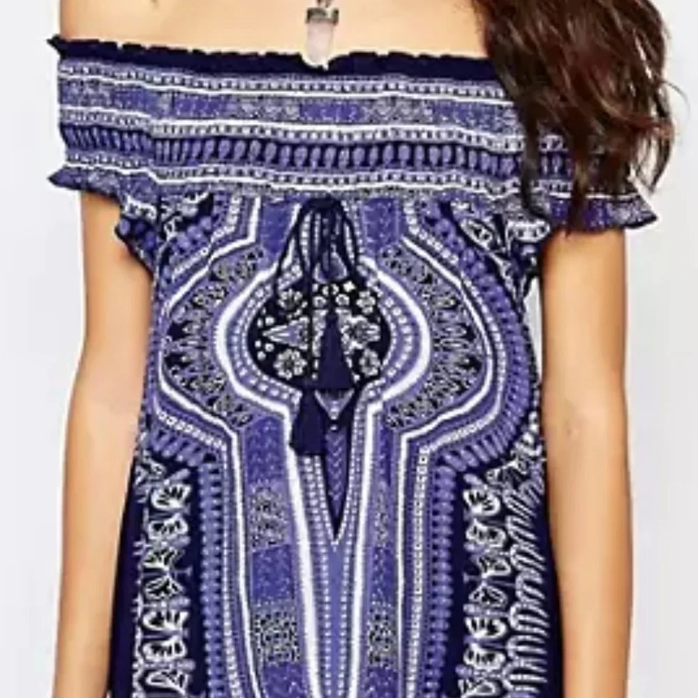 Sz M Band of Gypsies Coverup Smock Dress Off the Shoulder Blue Multiprint 861490